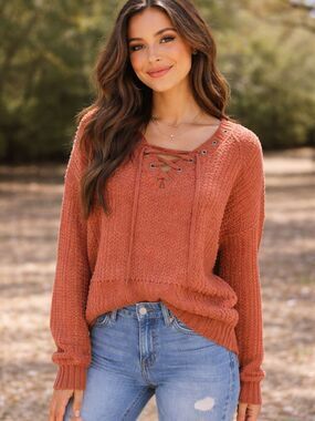 Rue21 Lace-Up V-Neck Textured Sweater - Rust/Burnt Orange